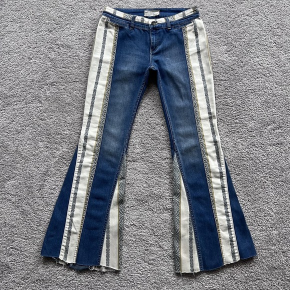 Free People Denim - Free People Danica Boho Stripe Flare Jeans Womens 27 Blue Mid Rise‎ Raw Hem